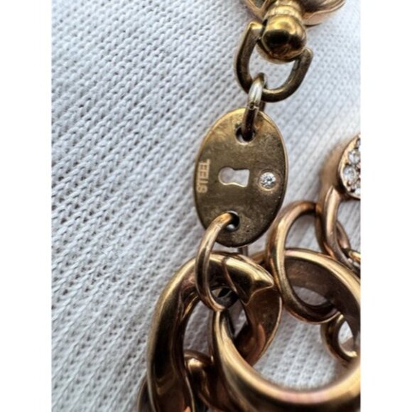 Fossil Link Bracelet Rose Gold Tone, Rhinestone Heart Lock Charm Whit Key- Cute - Picture 12 of 13